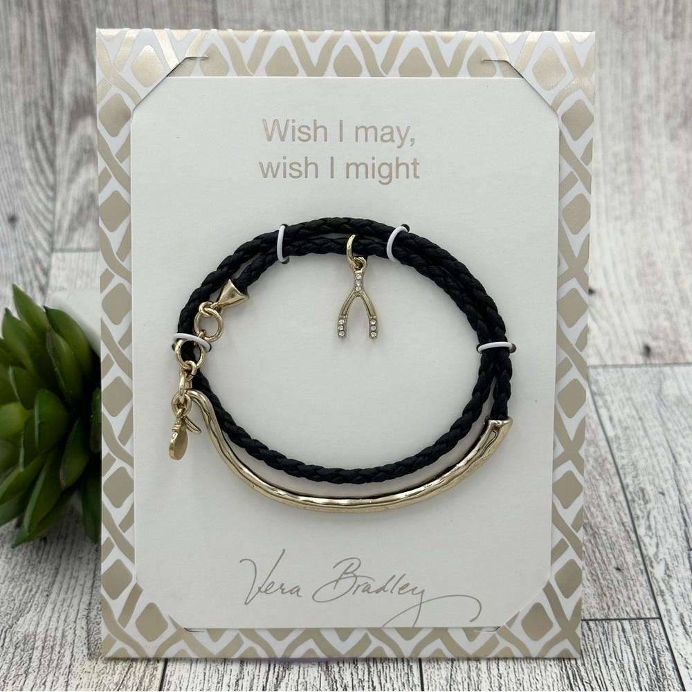 Vera Bradley Black Faux Leather Wish Charm Wrap Bracelet